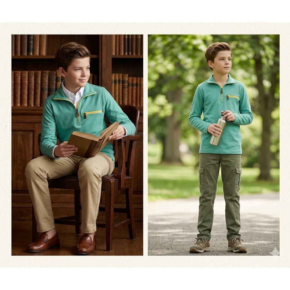 Bella Bliss Boys Green Half Zip Pullover Size 12 Pima Cotton Preppy Sweater EUC